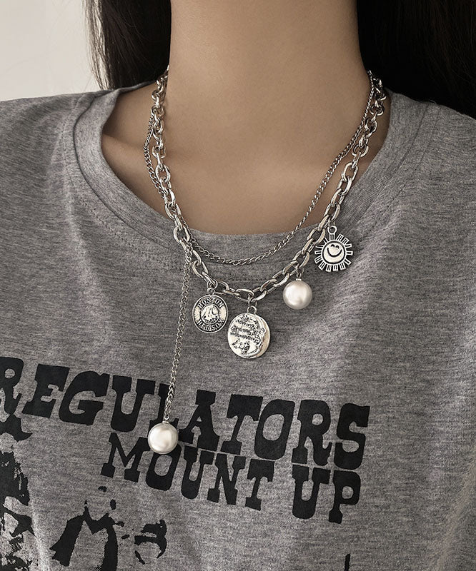 Collar de lazo con cara sonriente y perlas de aleación de seda