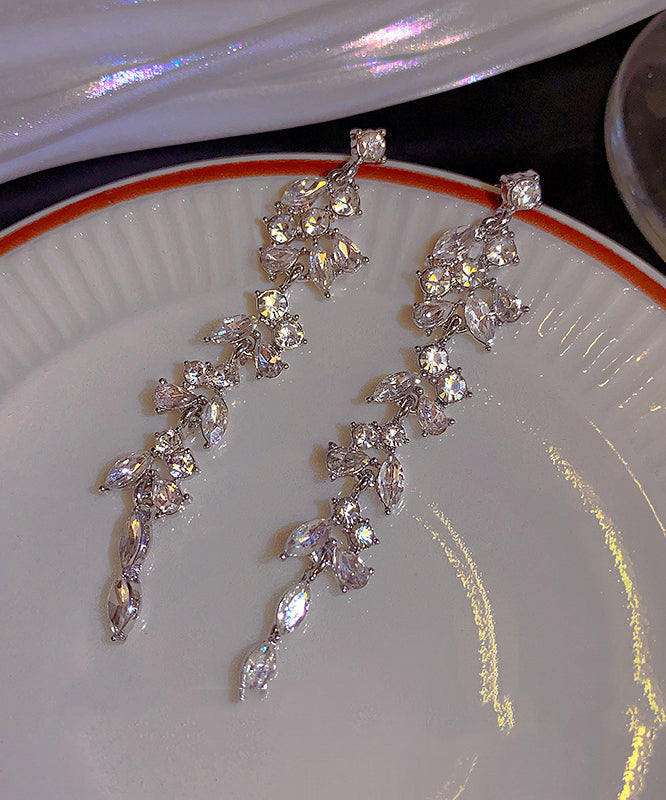 Pendientes de plata de ley con borlas y hojas de circonitas en seda