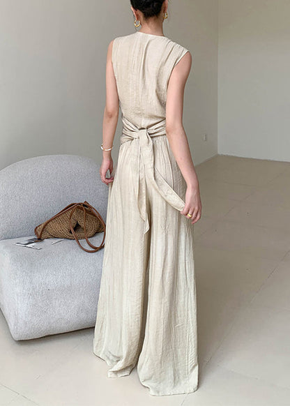 Brief V Neck Silk Linen Top And Wide Leg Pants Two Pieces Set Sleeveless