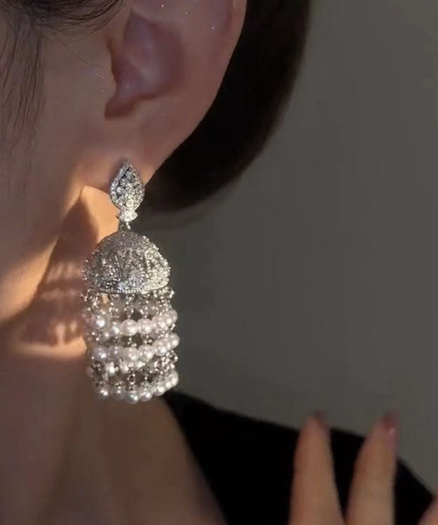 Pendientes colgantes con borlas y campanillas de viento de cobre blanco dorado con circonitas y perlas