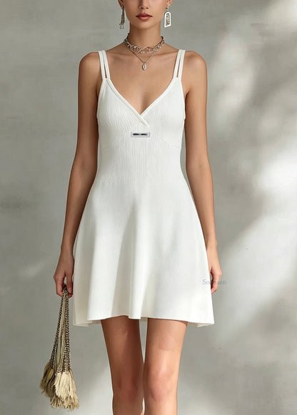Brief White Patchwork Knit Mid Spaghetti Strap Dresses Summer