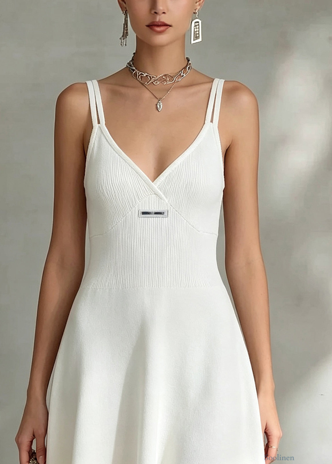 Brief White Patchwork Knit Mid Spaghetti Strap Dresses Summer