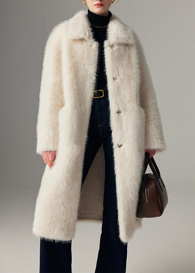 Abrigos largos de invierno de terciopelo de visón acogedores con cuello Peter Pan blanco