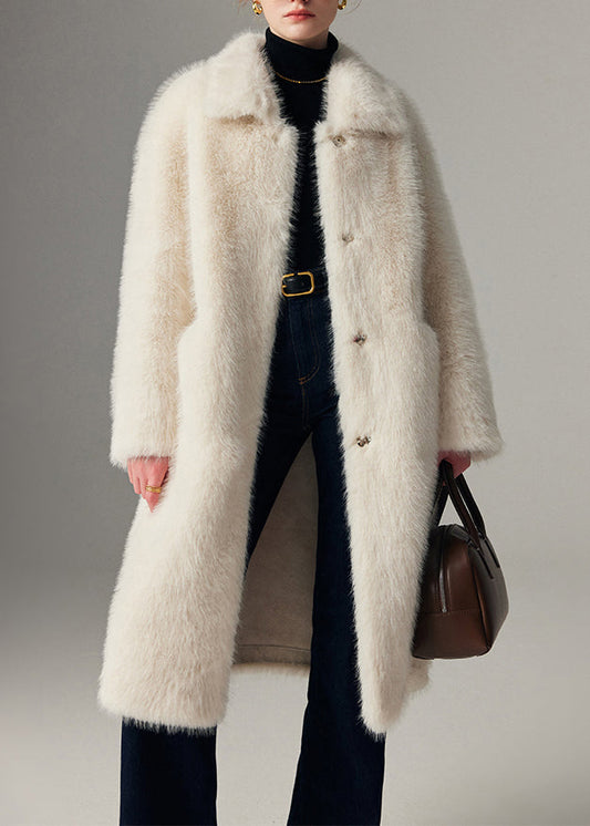 Abrigos largos de invierno de terciopelo de visón acogedores con cuello Peter Pan blanco