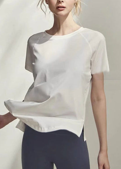 Brief White Side Open Short Sleeve Ice Silk Yoga Top