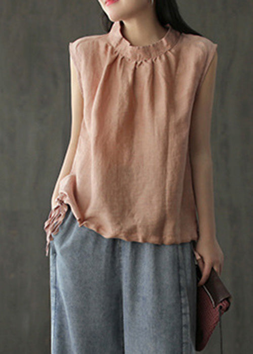 Kurzes weißes, ärmelloses Leinentop mit Stehkragen