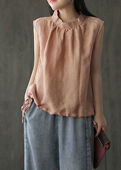 Kurzes weißes, ärmelloses Leinentop mit Stehkragen