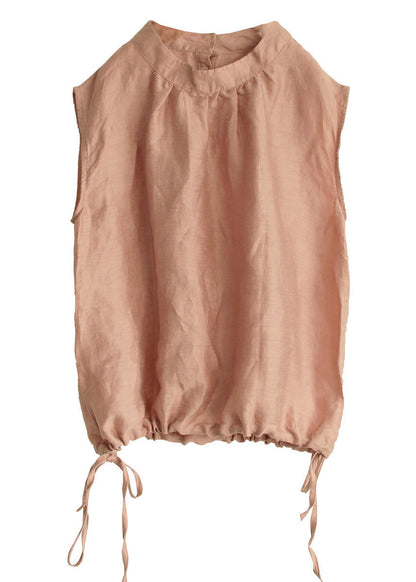 Kurzes weißes, ärmelloses Leinentop mit Stehkragen