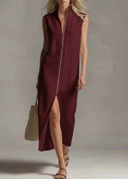Brief White Stand Collar Zippered Patchwork Solid Long Dress Sleeveless