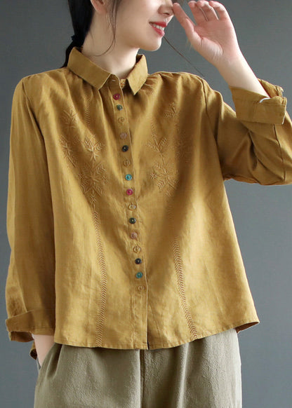 Camisa corta de lino bordada con cuello Peter Pan amarillo para primavera