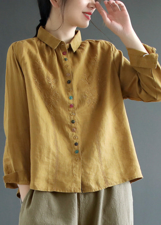 Camisa corta de lino bordada con cuello Peter Pan amarillo para primavera