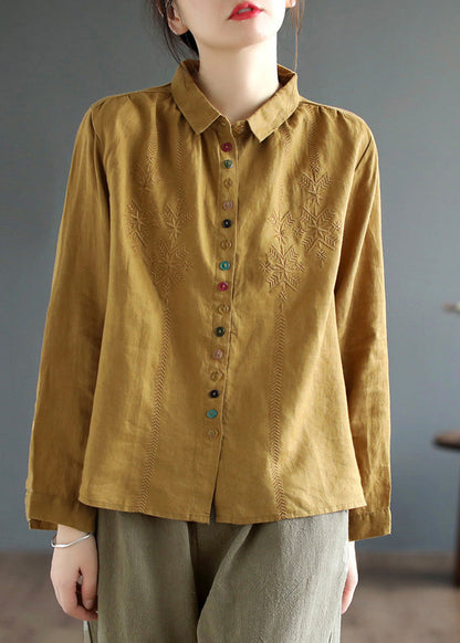 Camisa corta de lino bordada con cuello Peter Pan amarillo para primavera