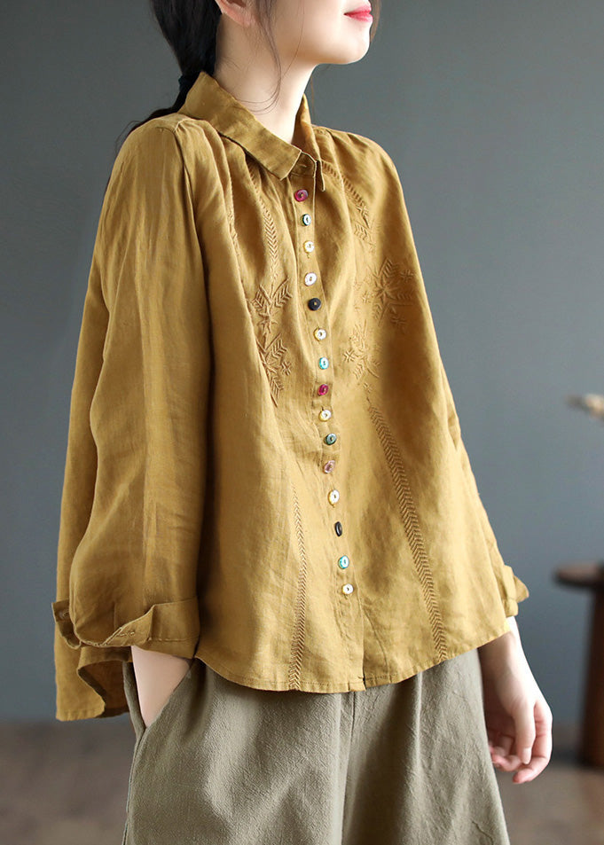 Camisa corta de lino bordada con cuello Peter Pan amarillo para primavera