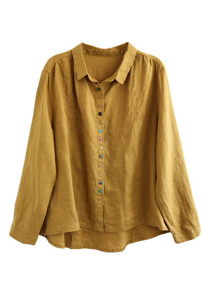Camisa corta de lino bordada con cuello Peter Pan amarillo para primavera