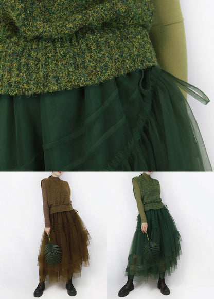 Vestidos largos de punto de algodón con patchwork de tul asimétrico marrón y cuello en V