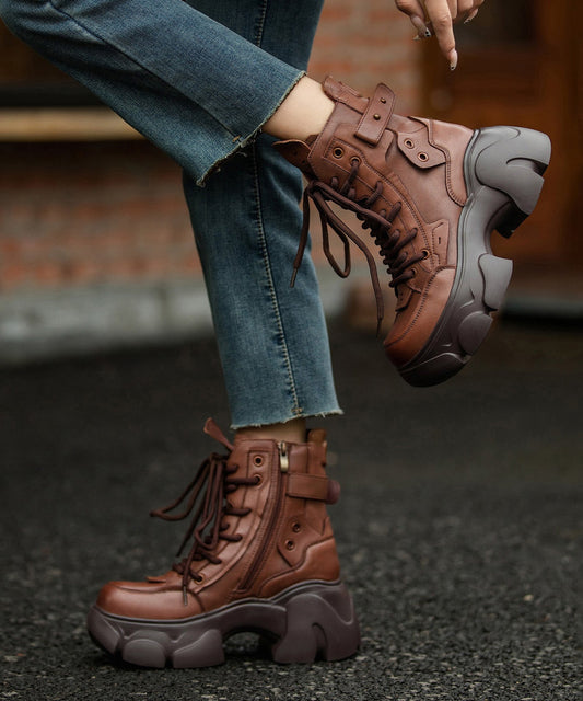 Brown Boots Platform Cowhide Leather Casual Splicing Fuzzy Wool Lined