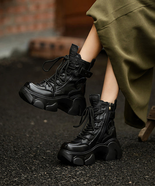 Brown Boots Platform Cowhide Leather Casual Splicing Fuzzy Wool Lined