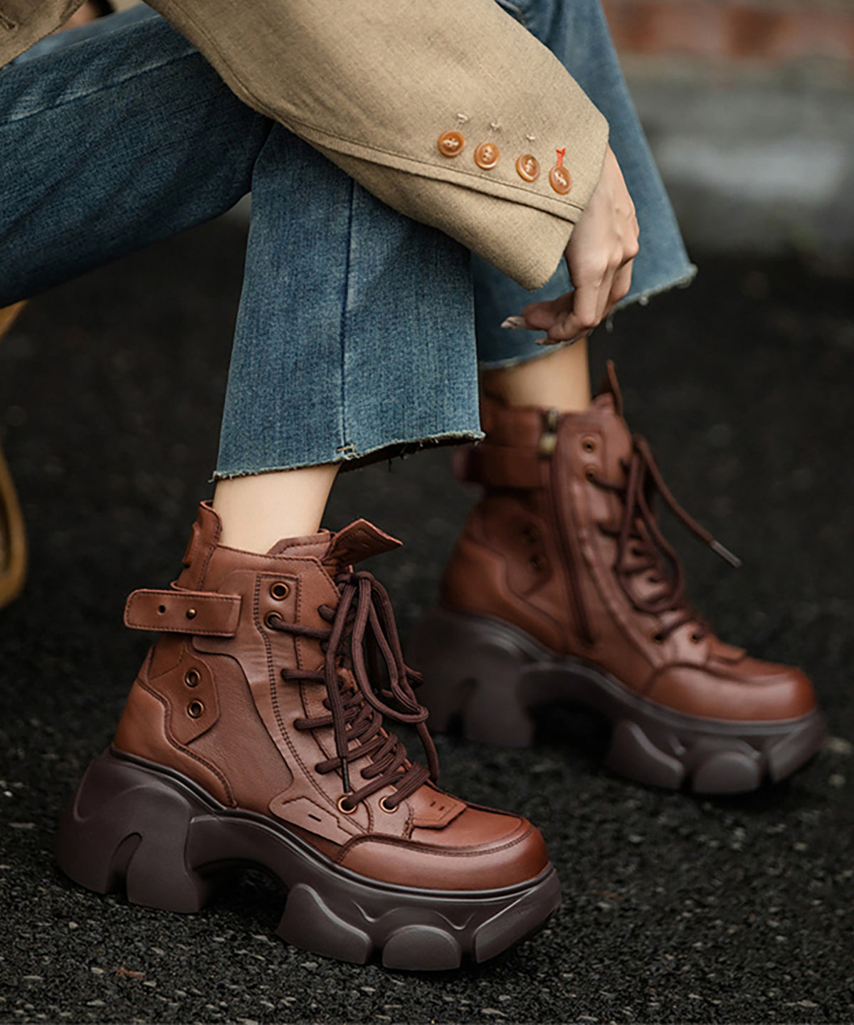 Brown Boots Platform Cowhide Leather Casual Splicing Fuzzy Wool Lined