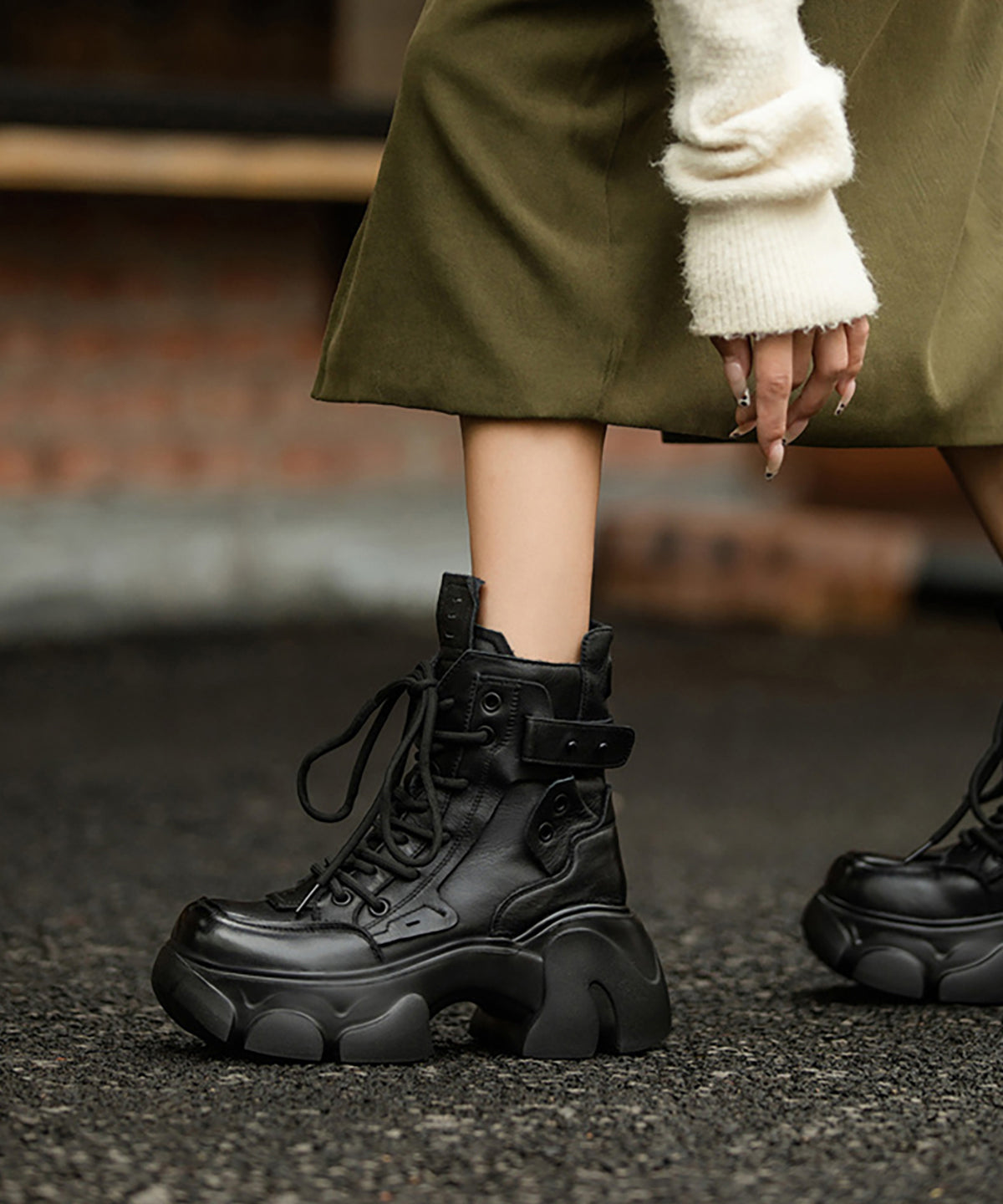 Brown Boots Platform Cowhide Leather Casual Splicing Fuzzy Wool Lined