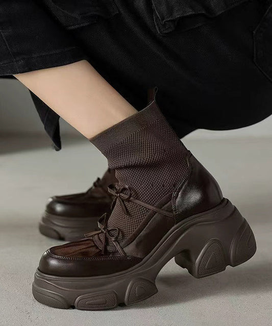 Braune, atmungsaktive Plateau-Stiefel aus Rindsleder mit Mesh-Einsätzen