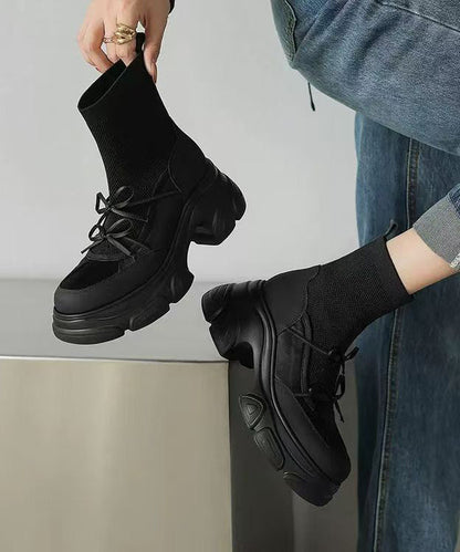 Braune, atmungsaktive Plateau-Stiefel aus Rindsleder mit Mesh-Einsätzen