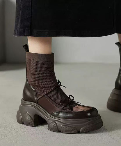 Braune, atmungsaktive Plateau-Stiefel aus Rindsleder mit Mesh-Einsätzen