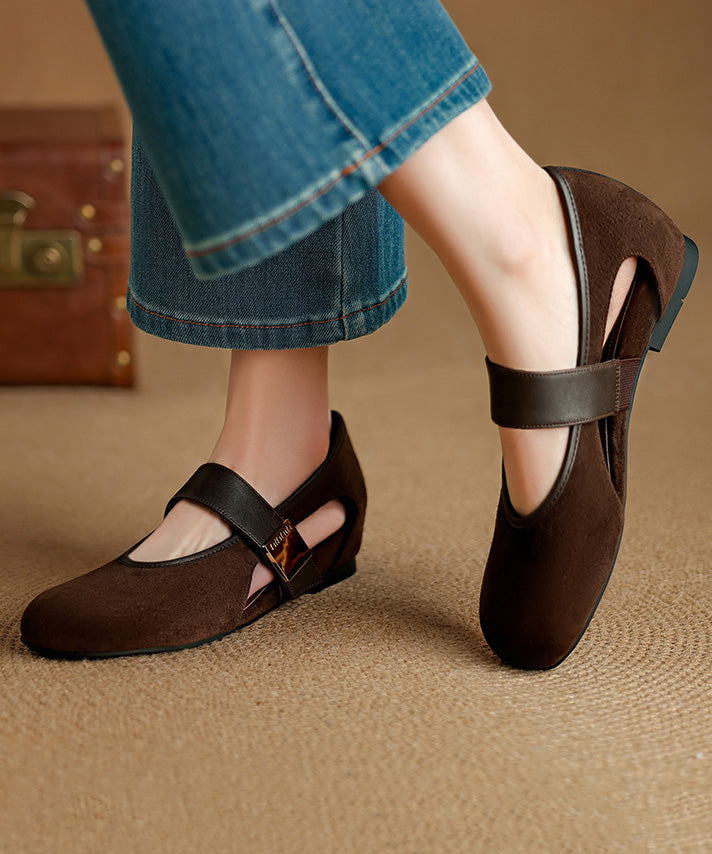 Brown Buckle Strap Splicing Suede Women Wedge Shoes
