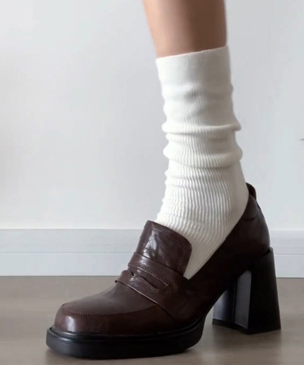 Brown Chunky Cowhide Leather Stylish Splicing Loafer Shoes