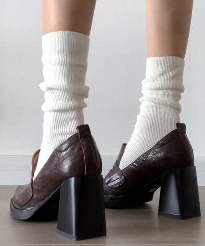 Brown Chunky Cowhide Leather Stylish Splicing Loafer Shoes