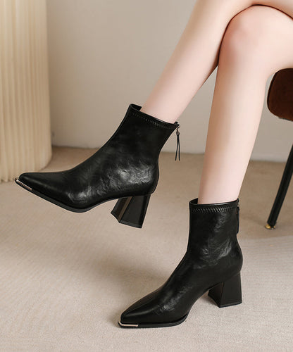 Brown Chunky Faux Leather Simple Splicing Boots Pointed Toe