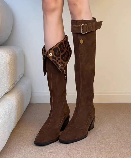 Brown Chunky Heel Suede Stylish Splicing Boots