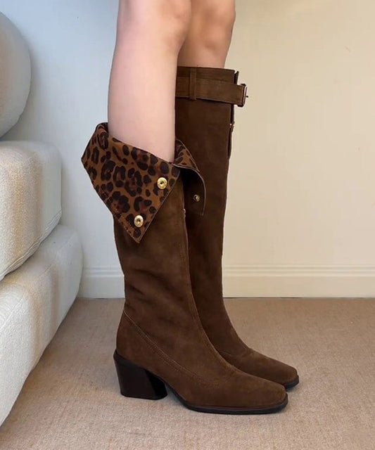 Brown Chunky Heel Suede Stylish Splicing Boots