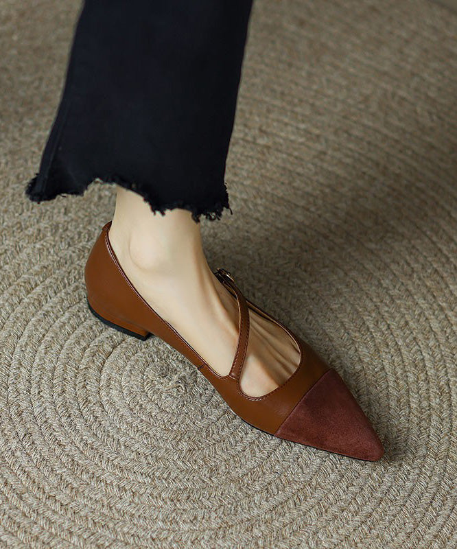 Brown Cowhide Leather Splicing French Flat Shoes Pointed Toe