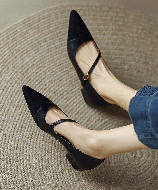 Brown Cowhide Leather Splicing French Flat Shoes Pointed Toe