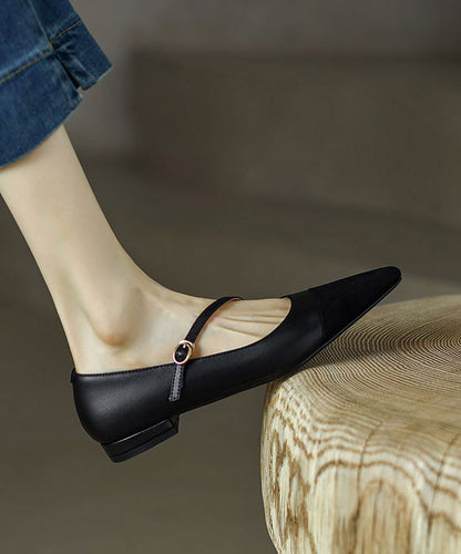 Brown Cowhide Leather Splicing French Flat Shoes Pointed Toe