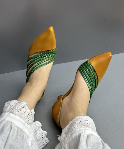 Brown Cowhide Leather Splicing Kitten Sandals Pointed Toe