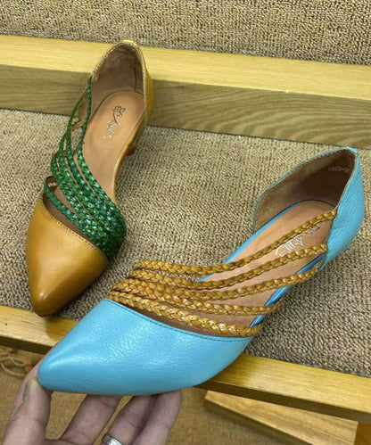 Brown Cowhide Leather Splicing Kitten Sandals Pointed Toe