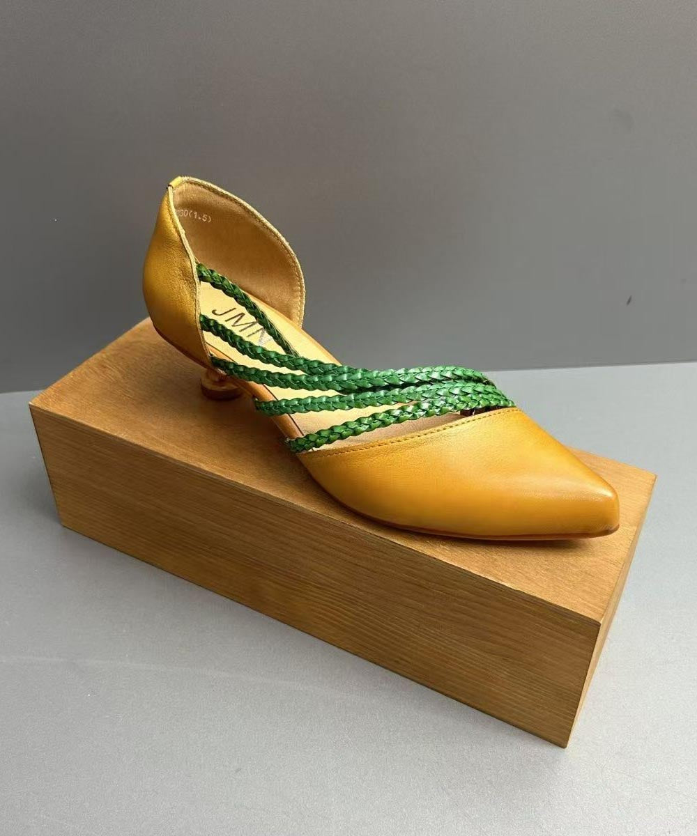 Brown Cowhide Leather Splicing Kitten Sandals Pointed Toe