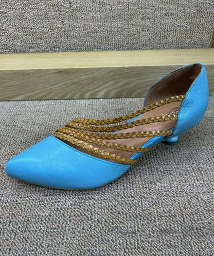 Brown Cowhide Leather Splicing Kitten Sandals Pointed Toe