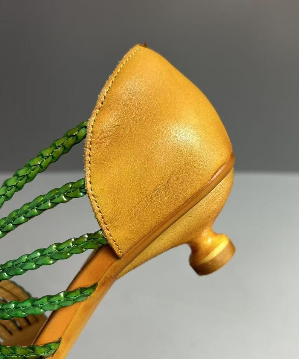 Brown Cowhide Leather Splicing Kitten Sandals Pointed Toe