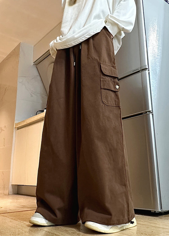 Brown Drawstring Solid Cotton Mens Wide Leg Pants Elastic Waist