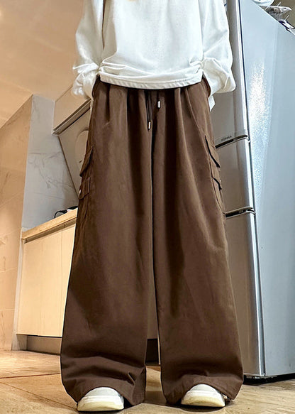 Brown Drawstring Solid Cotton Mens Wide Leg Pants Elastic Waist
