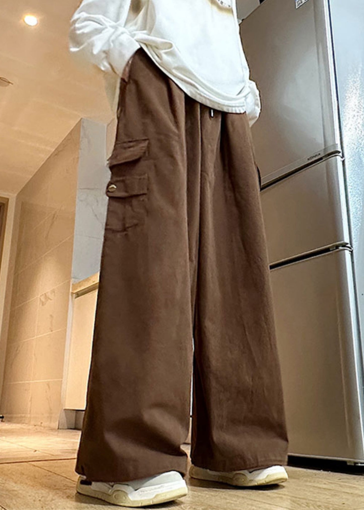 Brown Drawstring Solid Cotton Mens Wide Leg Pants Elastic Waist