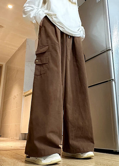 Brown Drawstring Solid Cotton Mens Wide Leg Pants Elastic Waist