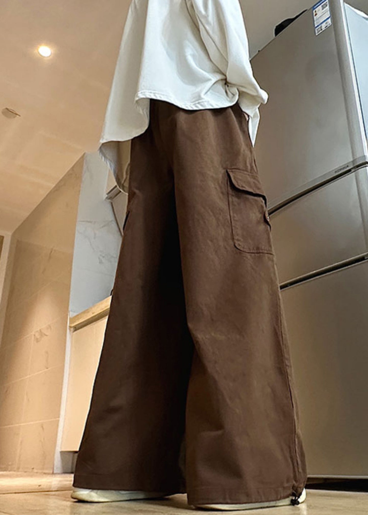 Brown Drawstring Solid Cotton Mens Wide Leg Pants Elastic Waist