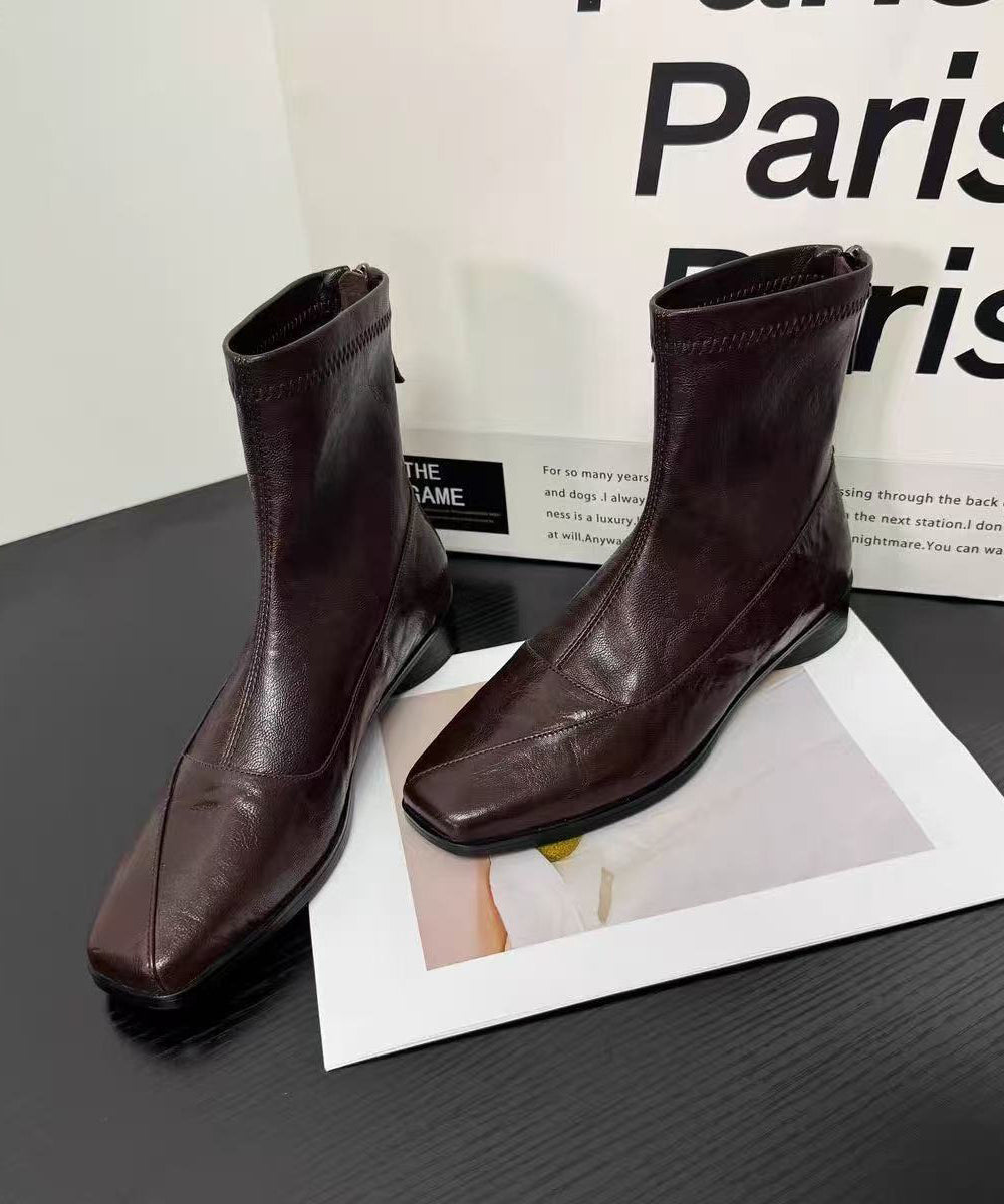 Brown Faux Leather Art Splicing Boots Square Toe