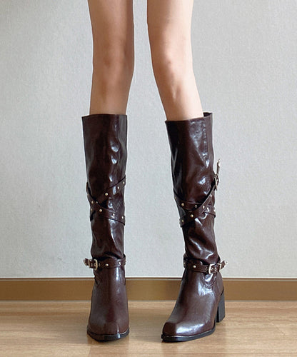 Brown Faux Leather Rivet Splicing Chunky Heel Boots