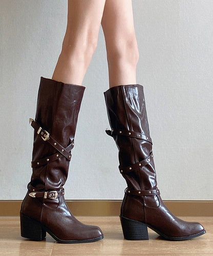 Brown Faux Leather Rivet Splicing Chunky Heel Boots