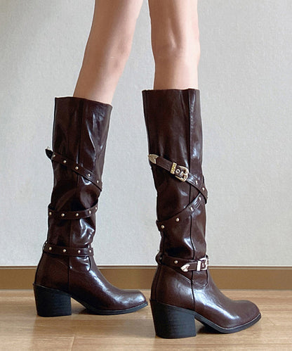 Brown Faux Leather Rivet Splicing Chunky Heel Boots