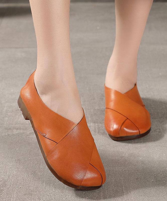 Brown Flat Shoes Cowhide Leather Chic Flats - SooLinen
